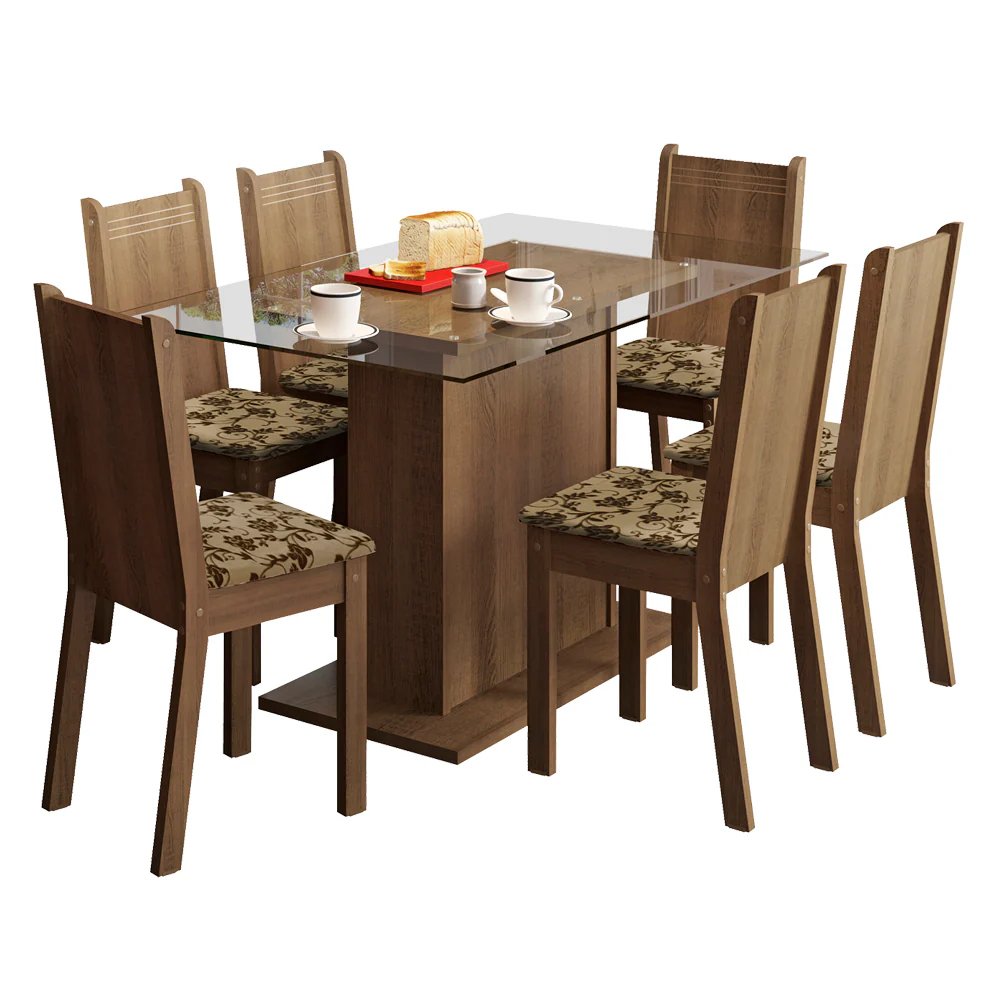 Juego de Comedor Madesa Gales Mesa Tapa de Vidrio con 6 Sillas Marrón/Beige Marrón - Image 3