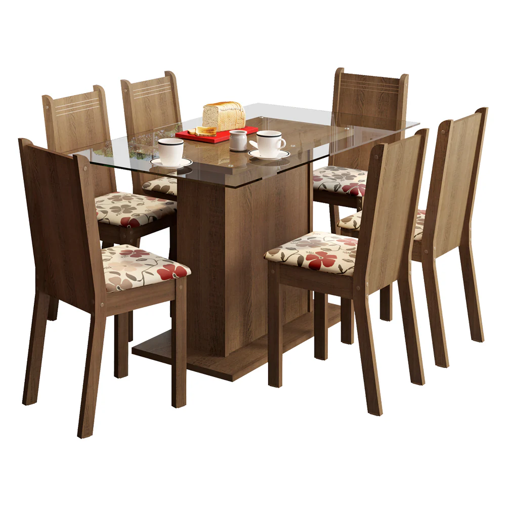Juego de Comedor Madesa Gales Mesa Tapa de Vidrio con 6 Sillas Marrón/Floral Hibiscos - Image 3