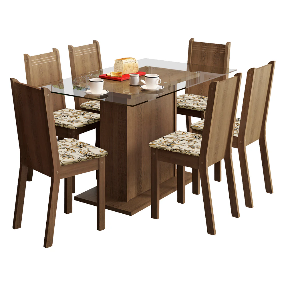 Juego de Comedor Madesa Gales Mesa Tapa de Vidrio con 6 Sillas Marrón/Lírio Beige - Image 3