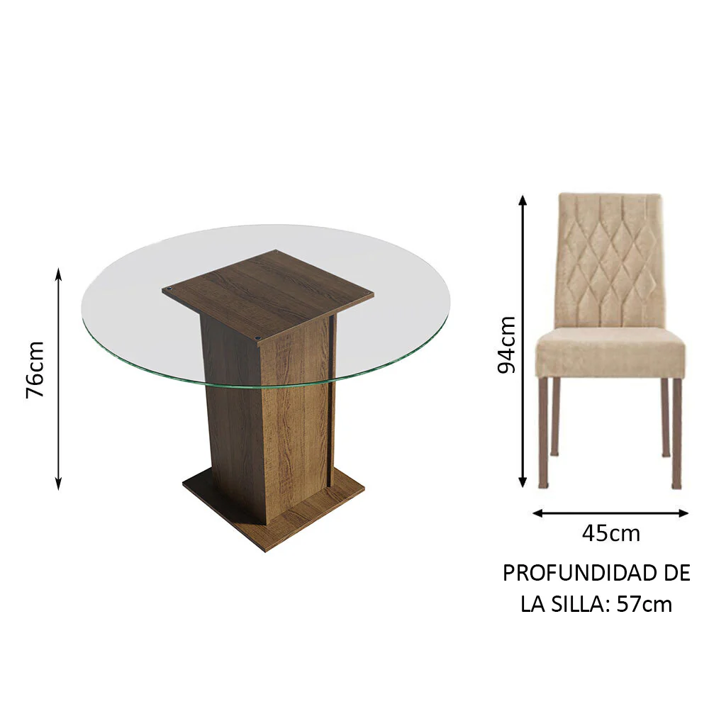 Juego de Comedor Madesa Iris Mesa Tapa de Vidrio Redondo con 4 Sillas Marrón/Imperial - Image 2