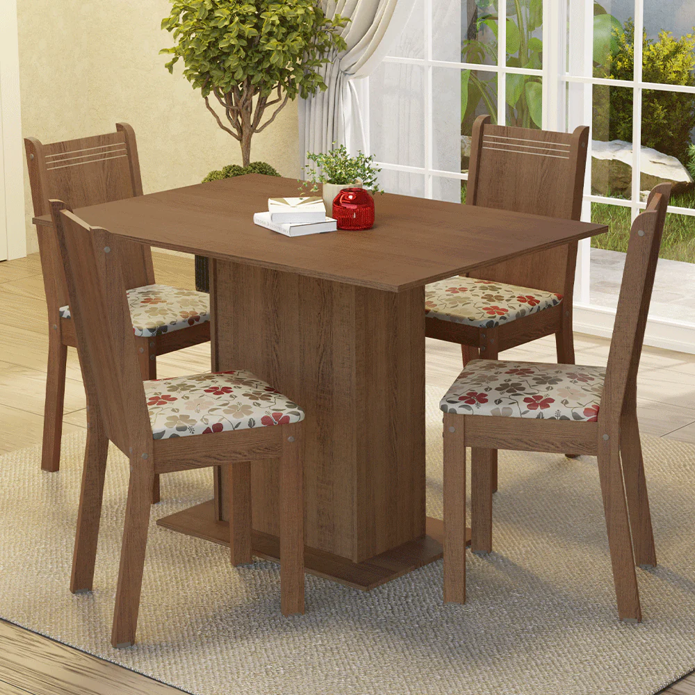 Juego de Comedor Madesa Luana Mesa Tapa de Madera con 4 Sillas Marrón/Floral Hibiscos