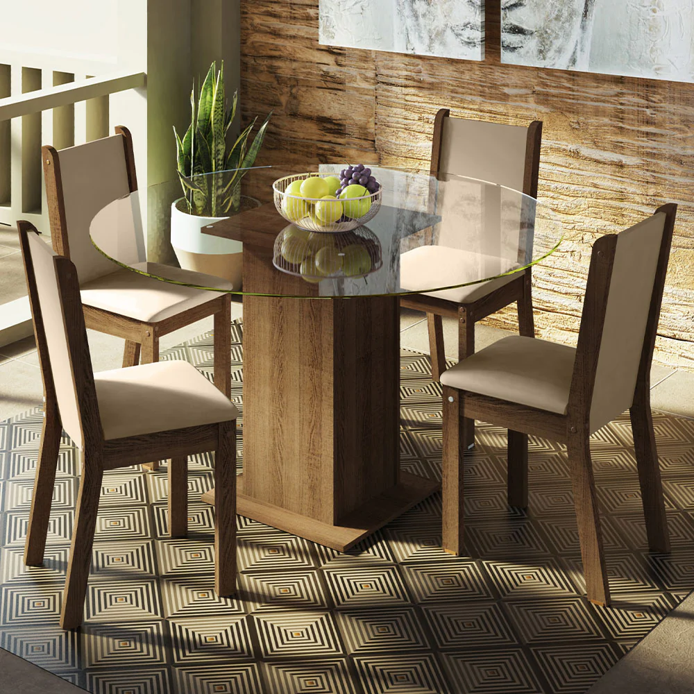 Juego de Comedor Madesa Madu Mesa Tapa de Vidrio Redondo 4 Sillas Marrón/Crema/Beige