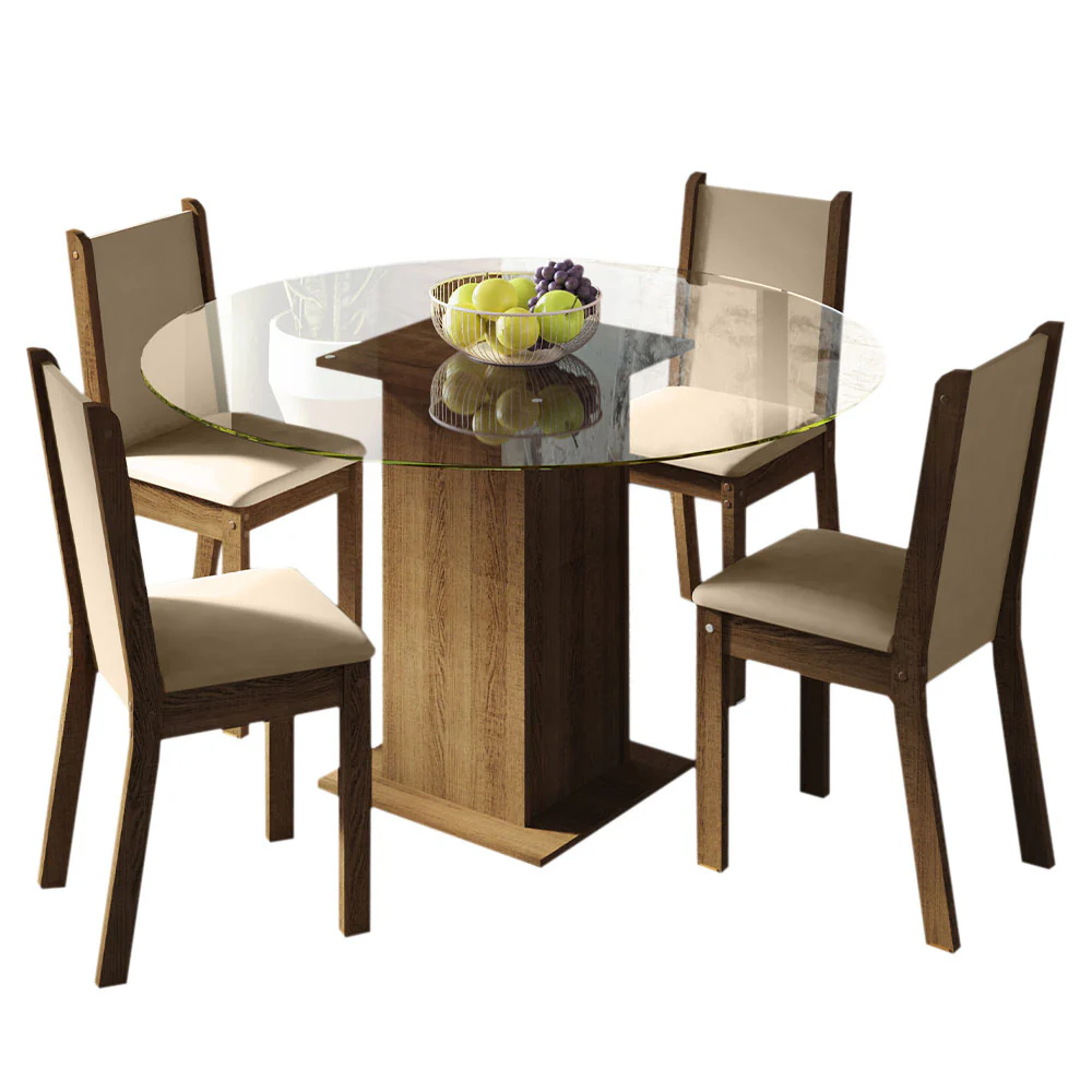 Juego de Comedor Madesa Madu Mesa Tapa de Vidrio Redondo 4 Sillas Marrón/Crema/Beige - Image 3