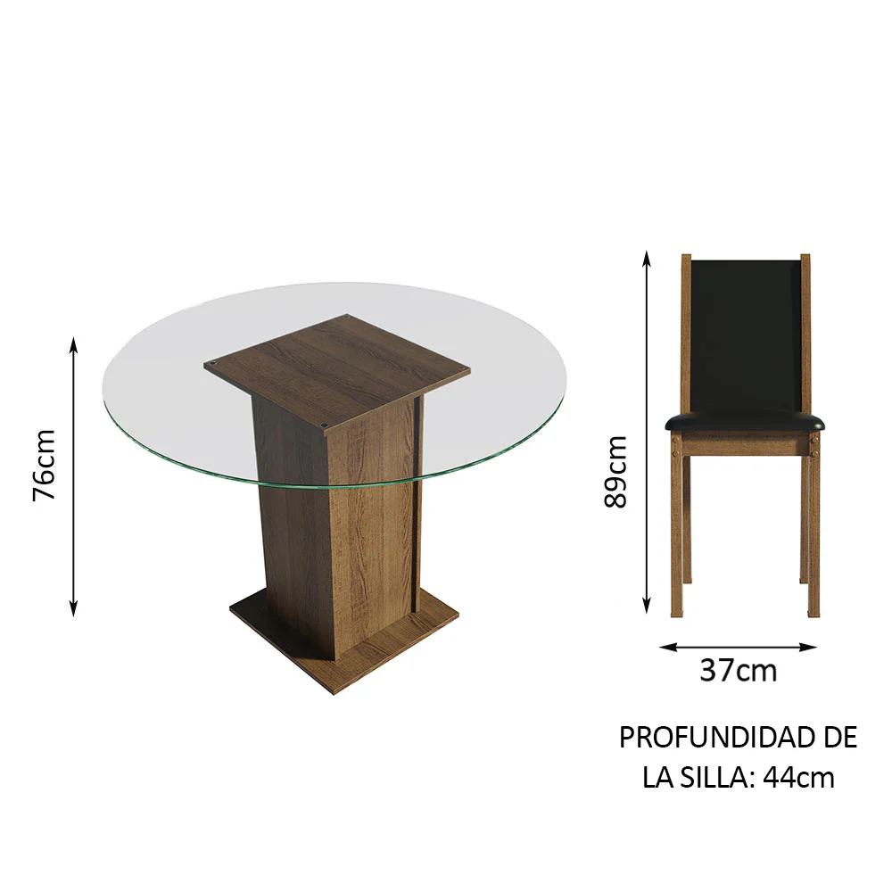Juego de Comedor Madesa Madu Mesa Tapa de Vidrio Redondo 4 Sillas Marrón/Negro/Negro - Image 2