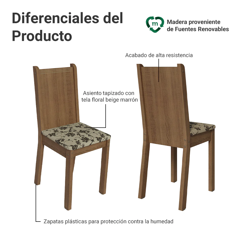 Juego de Comedor Madesa Maris Mesa Tapa de Madera con 6 Sillas Marrón/Beige Marrón - Image 5