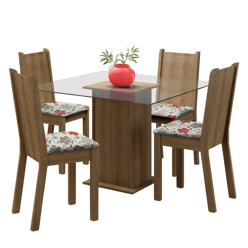Juego de Comedor Madesa Maya Mesa Tapa de Vidrio con 4 Sillas Marrón/Floral Hibiscos - Image 3