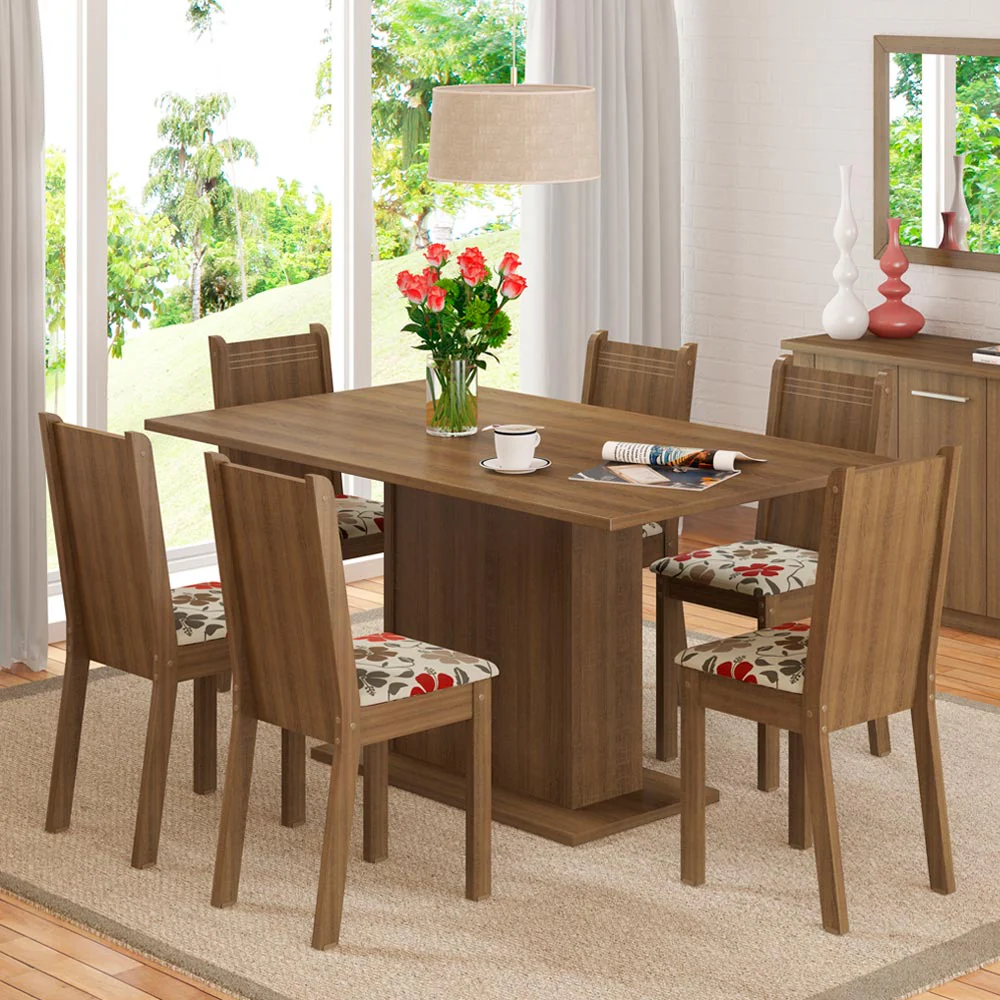 Juego de Comedor Madesa Megan Mesa Tapa de Madera con 6 Sillas Marrón/Floral Hibiscos
