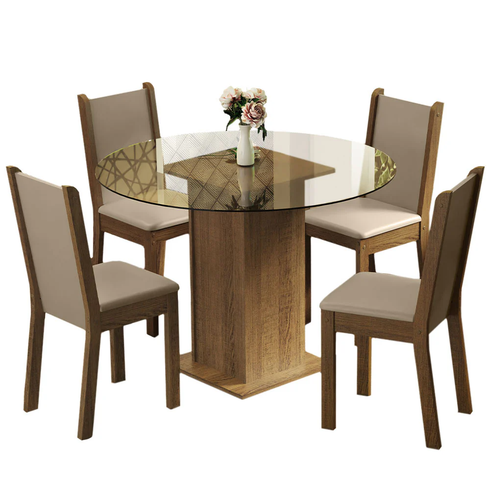 Juego de Comedor Madesa Nanda Mesa Tapa de Vidrio Redondo 4 Sillas Marrón/Crema/Beige - Image 3
