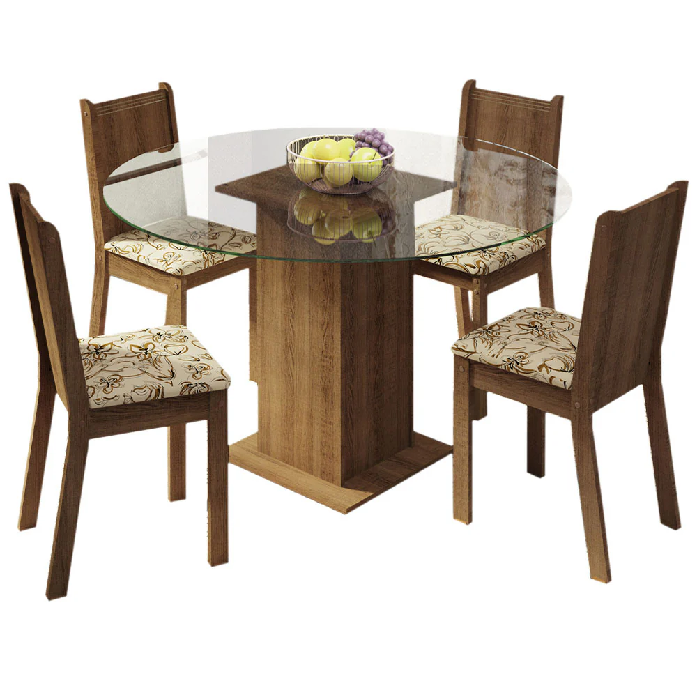 Juego de Comedor Madesa Paula Mesa Tapa de Vidrio Redondo 4 Sillas Marrón/Lírio Beige - Image 3
