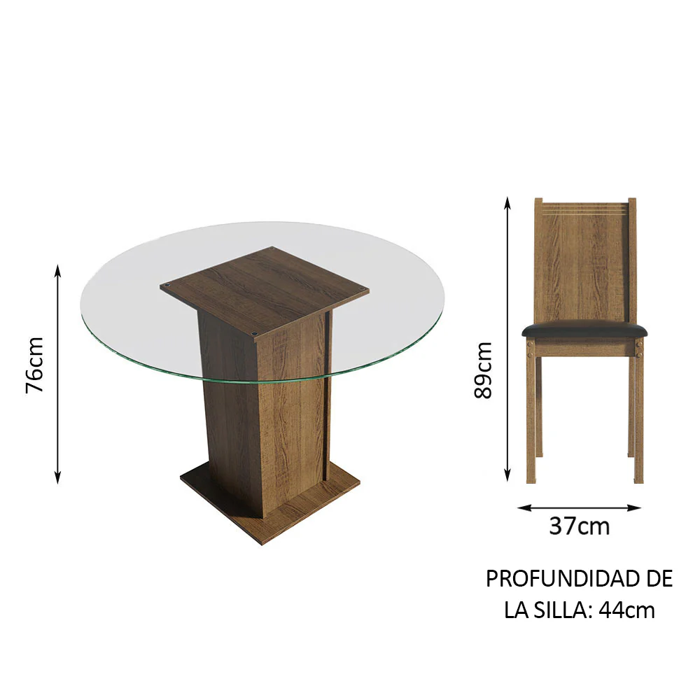 Juego de Comedor Madesa Paula Mesa Tapa de Vidrio Redondo 4 Sillas Marrón/Negro - Image 2