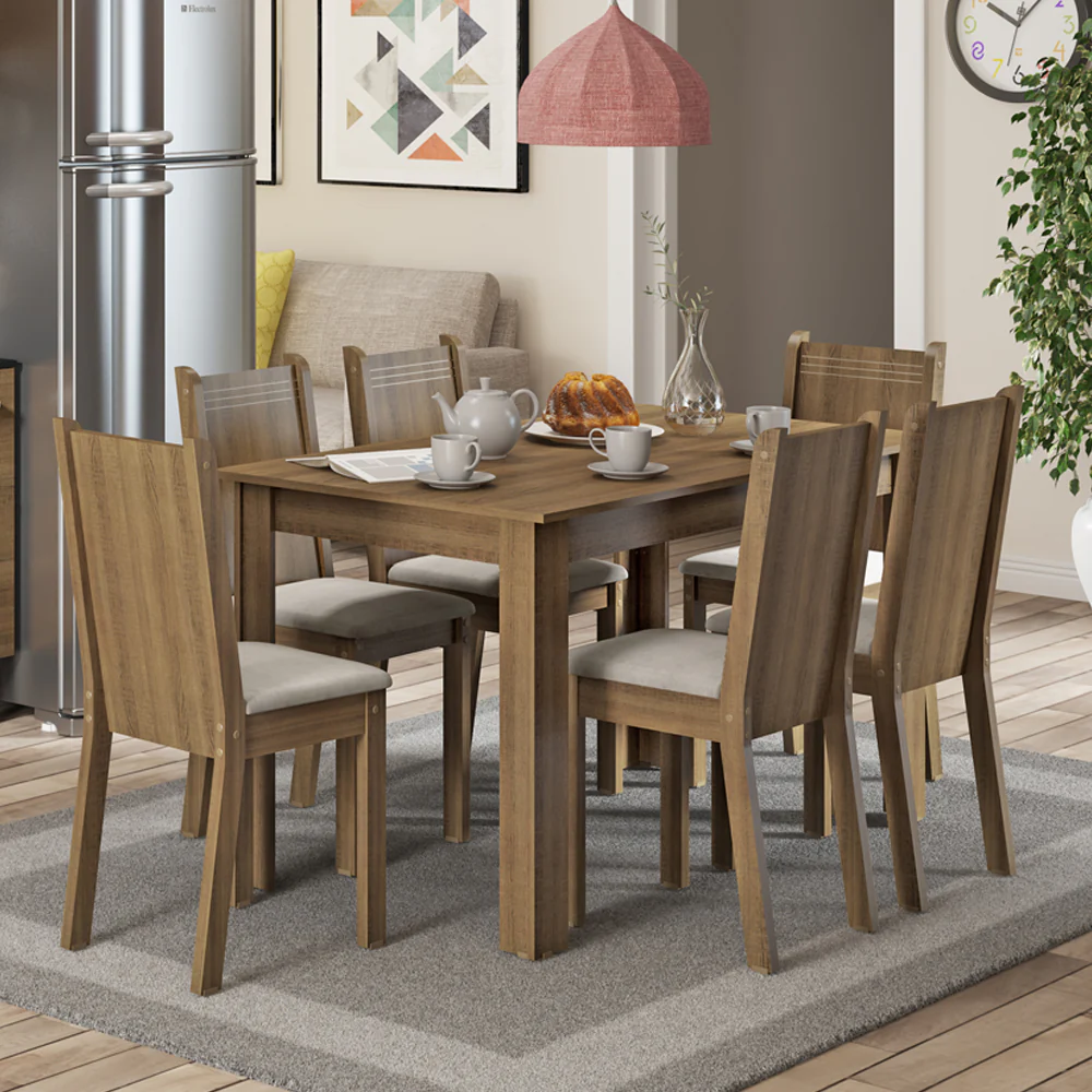 Juego de Comedor Maris Mesa con Tapa y 6 Sillas Marrón/Sintético Beige
