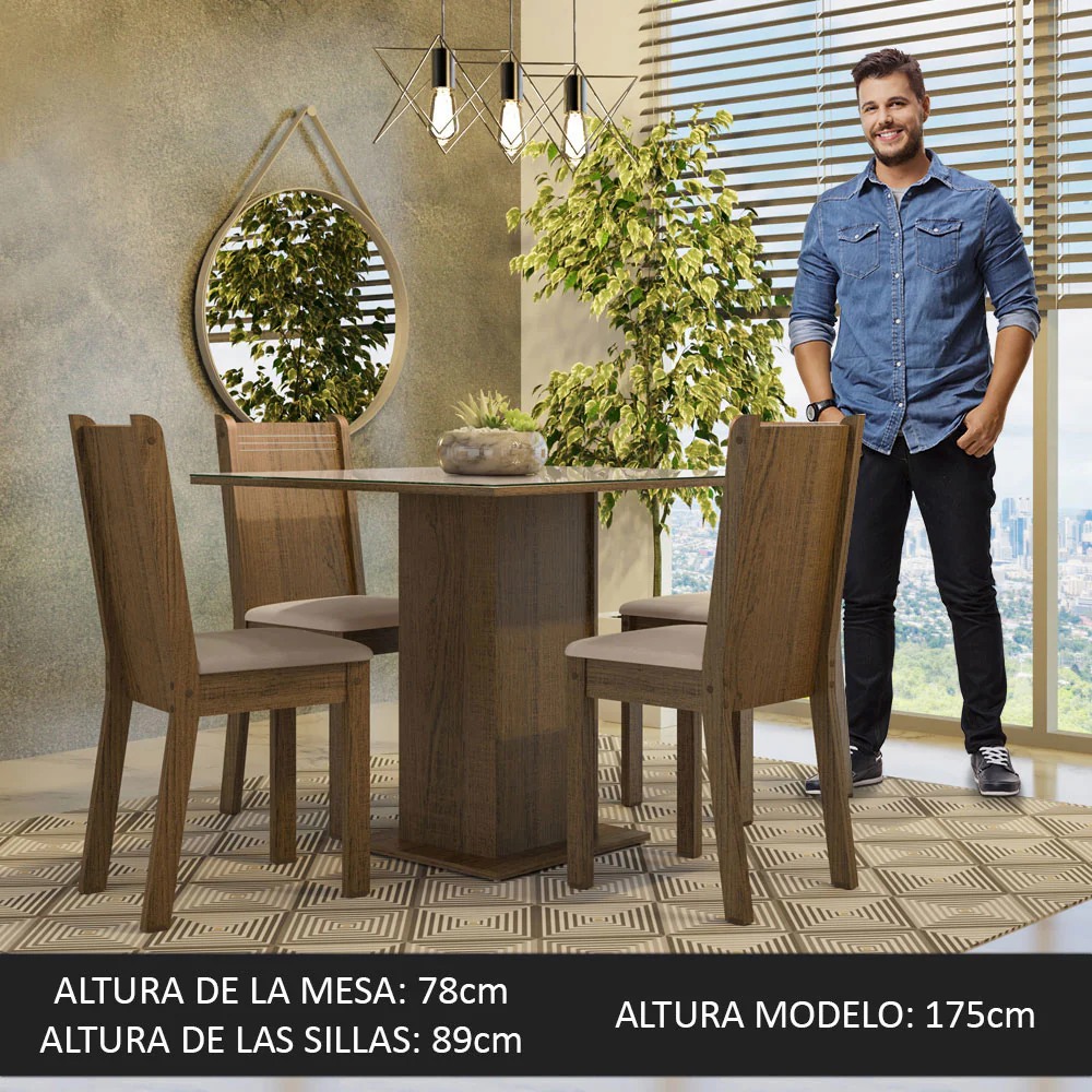 Juego de Comedor Mesa con Tapa de Cristal 4 Sillas Marrón/Crema/Sintético Beige Perla Madesa - Image 4