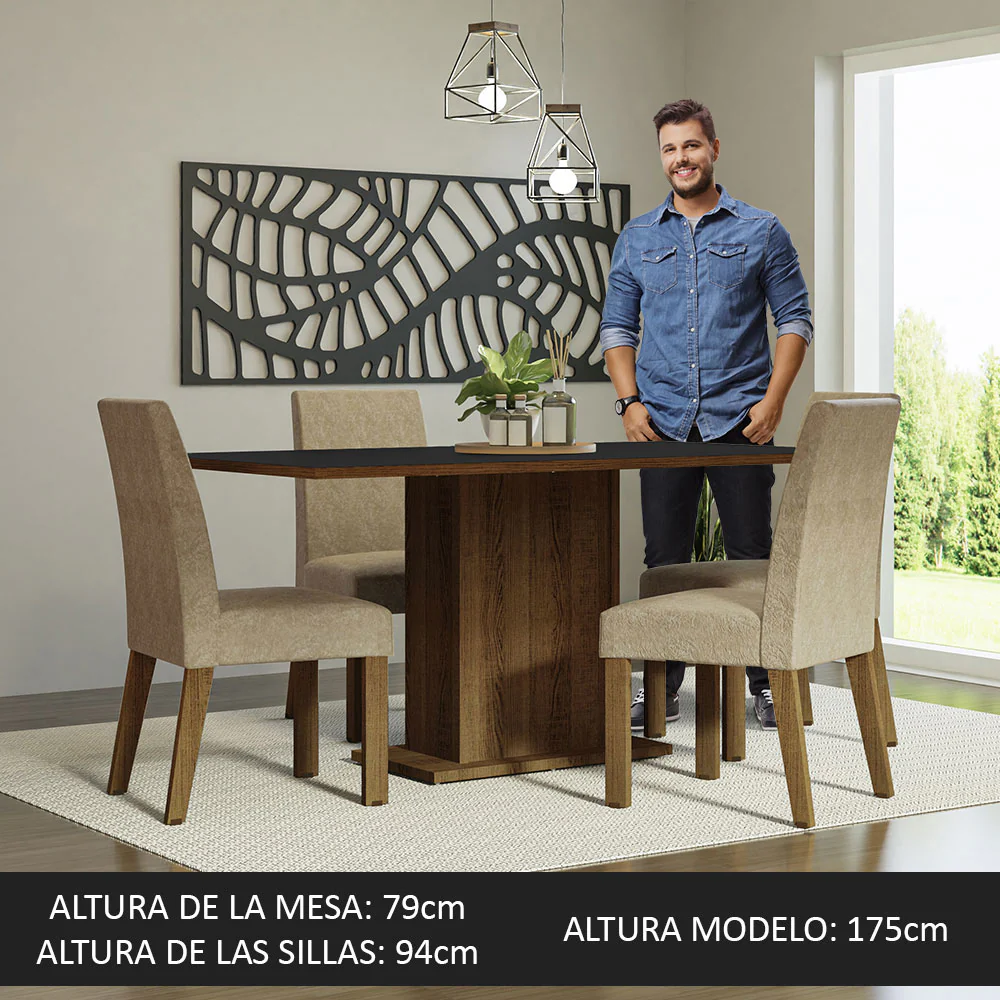 Juego de Comedor Mesa con Tapa de Madera 4 Sillas Marrón/Negro/Imperial Keila Madesa - Image 4