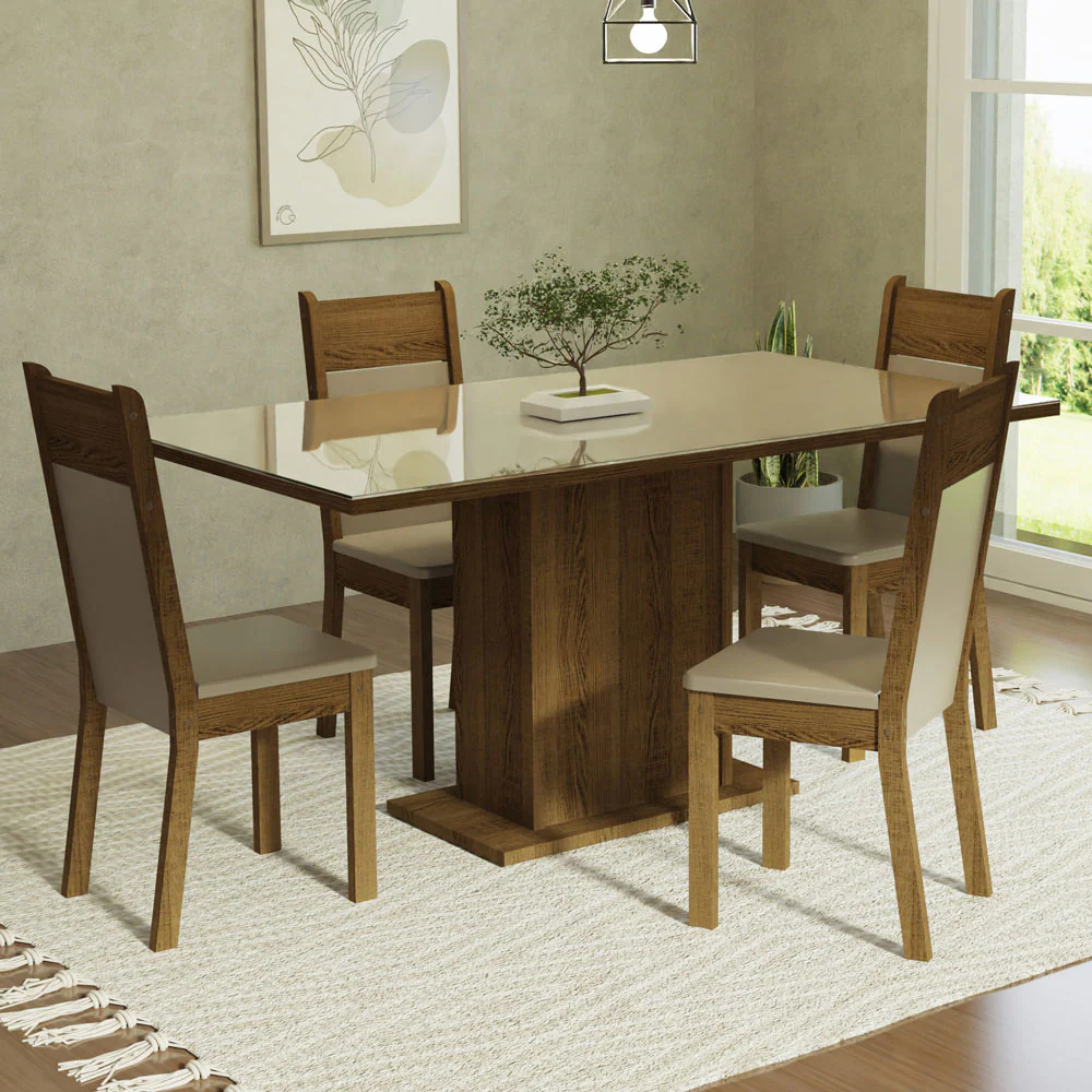 Juego de Comedor Mesa con Tapa de Vidrio 4 Sillas Crema/Marrón/Beige Greta Madesa