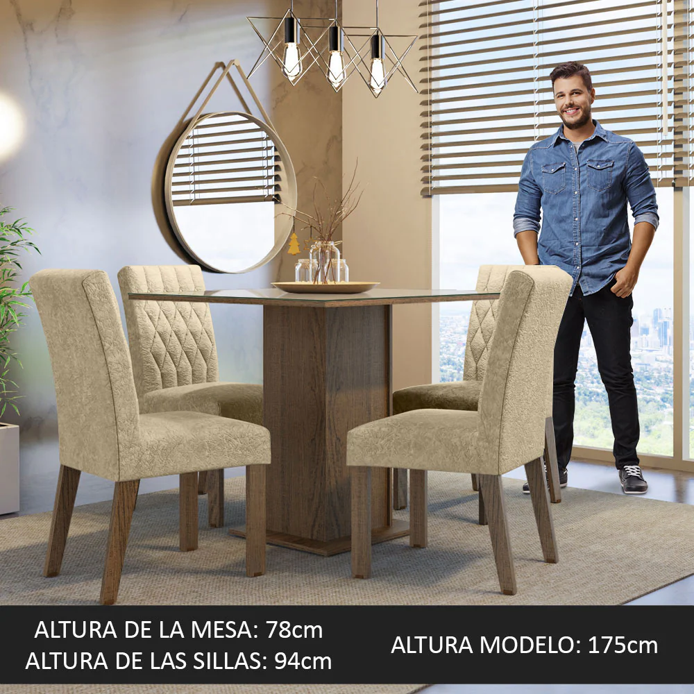 Juego de Comedor Mesa con Tapa de Vidrio 4 Sillas Marrón/Crema/Imperial Anaju Madesa - Image 4