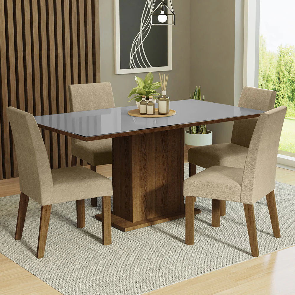 Juego de Comedor Mesa con Tapa de Vidrio 4 Sillas Marrón/Gris/Imperial Avril Madesa