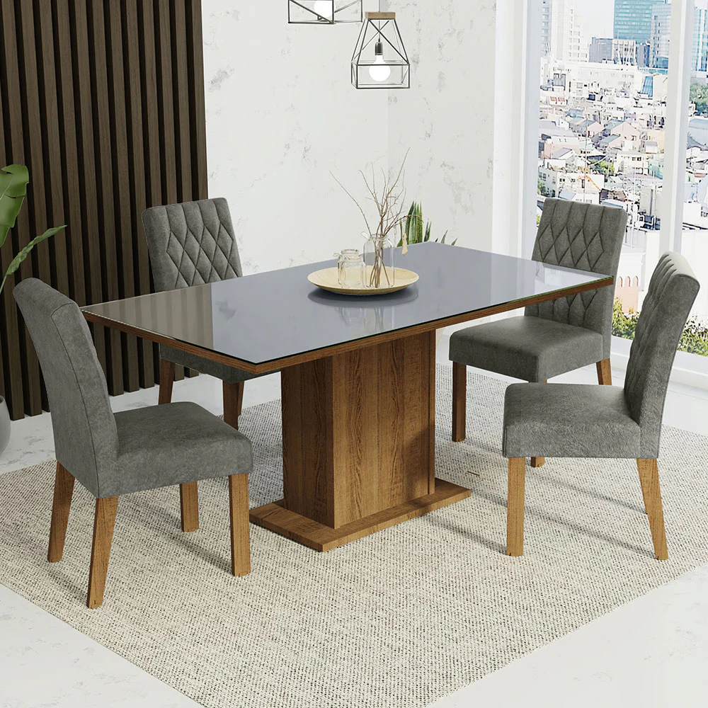 Juego de Comedor Mesa con Tapa de Vidrio 4 Sillas Marrón/Gris/Plata Marilia Madesa