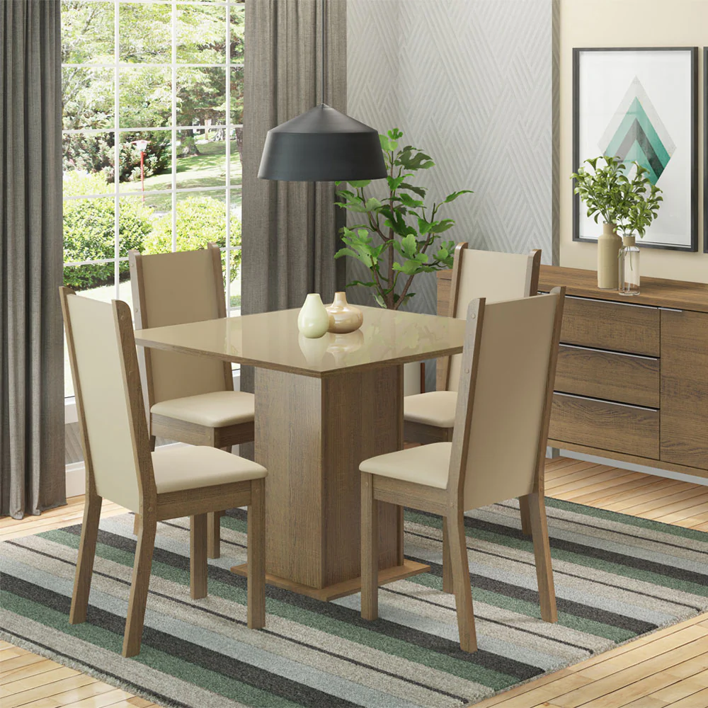 Juego de Comedor Mesa con Tapa de Vidrio y 4 Sillas Marrón/Beige Moscou Plus