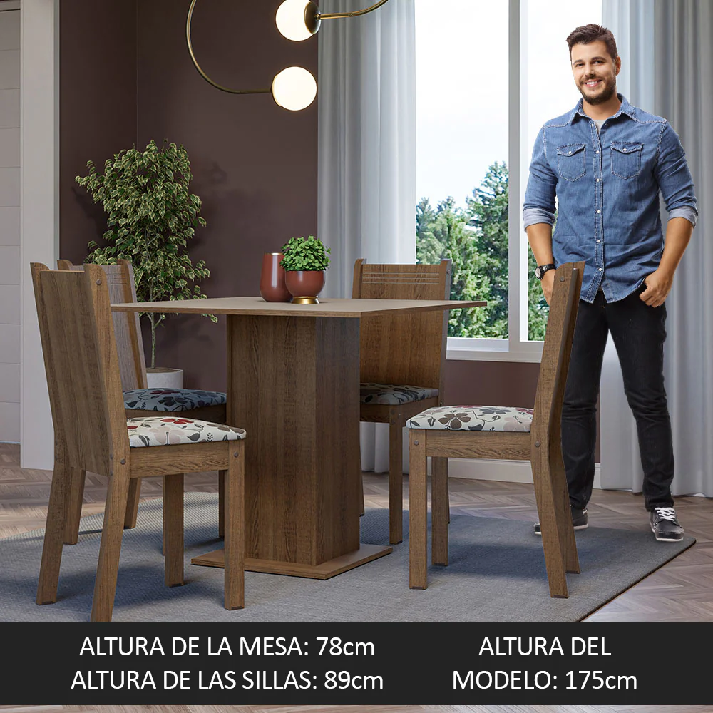Juego de Comedor Mesa Tapa de Madera 4 Sillas Marrón/Crema/Floral Hibiscos Samara Madesa - Image 6