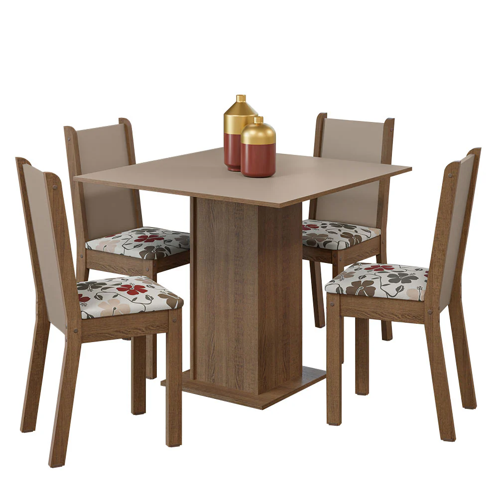 Juego de Comedor Mesa Tapa de Madera 4 Sillas Marrón/Crema/Hibiscos Alana Madesa - Image 3