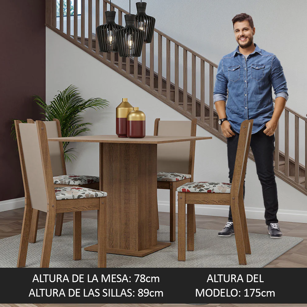 Juego de Comedor Mesa Tapa de Madera 4 Sillas Marrón/Crema/ Hibiscos Briana Madesa - Image 6