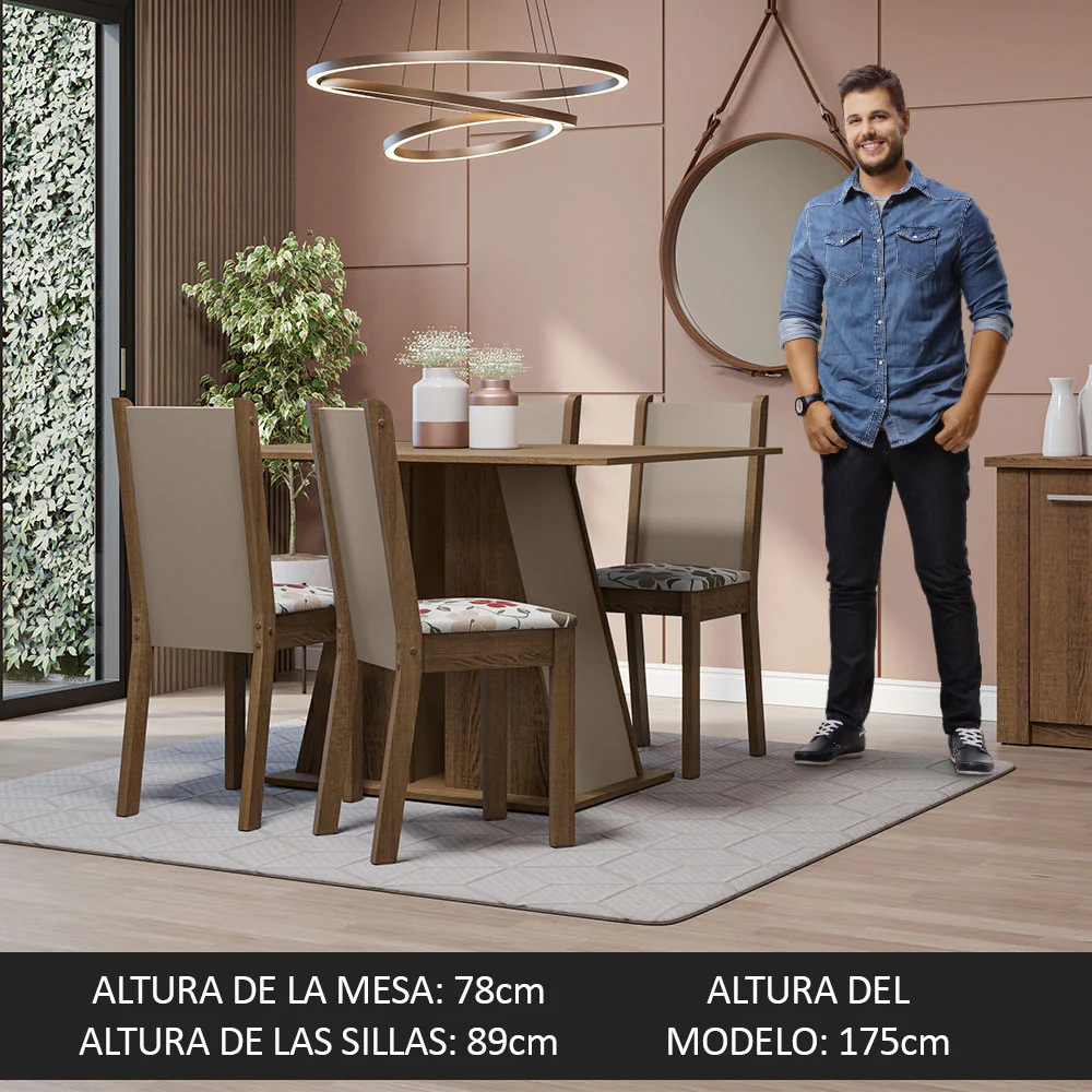 Juego de Comedor Mesa Tapa de Madera 4 Sillas Marrón/Crema/Hibiscos Sophie Madesa - Image 7