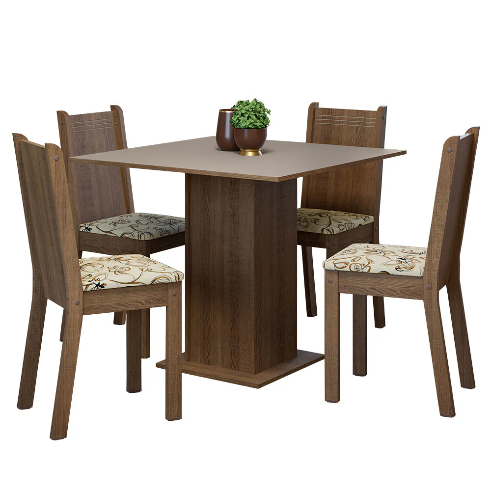 Juego de Comedor Mesa Tapa de Madera 4 Sillas Marrón/Crema/Lírio Beige Samara Madesa - Image 3