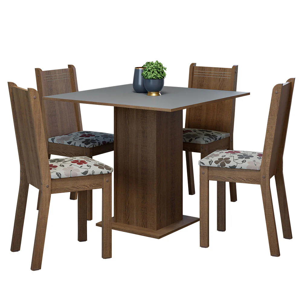 Juego de Comedor Mesa Tapa de Madera 4 Sillas Marrón/Gris/Floral Hibiscos Samara Madesa - Image 3