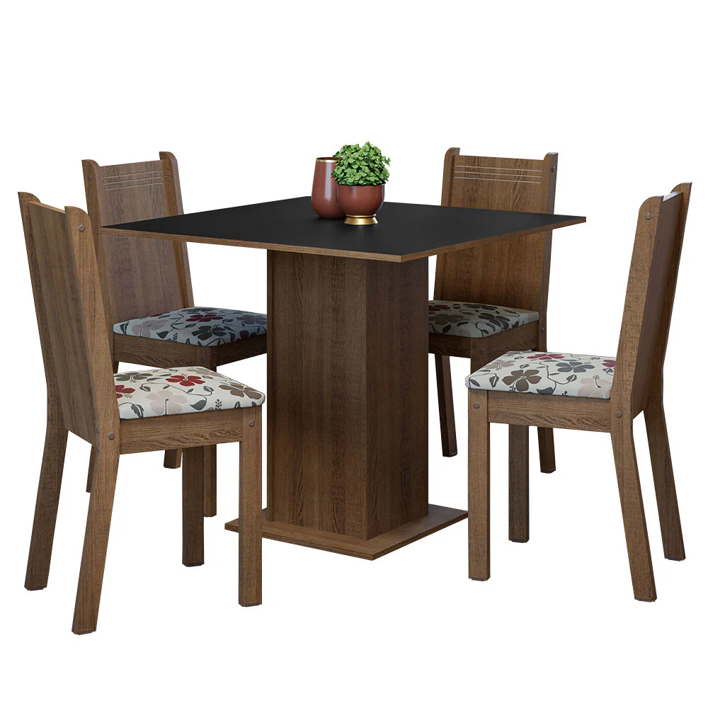 Juego de Comedor Mesa Tapa de Madera 4 Sillas Marrón/Negro/Floral Hibiscos Samara Madesa - Image 3