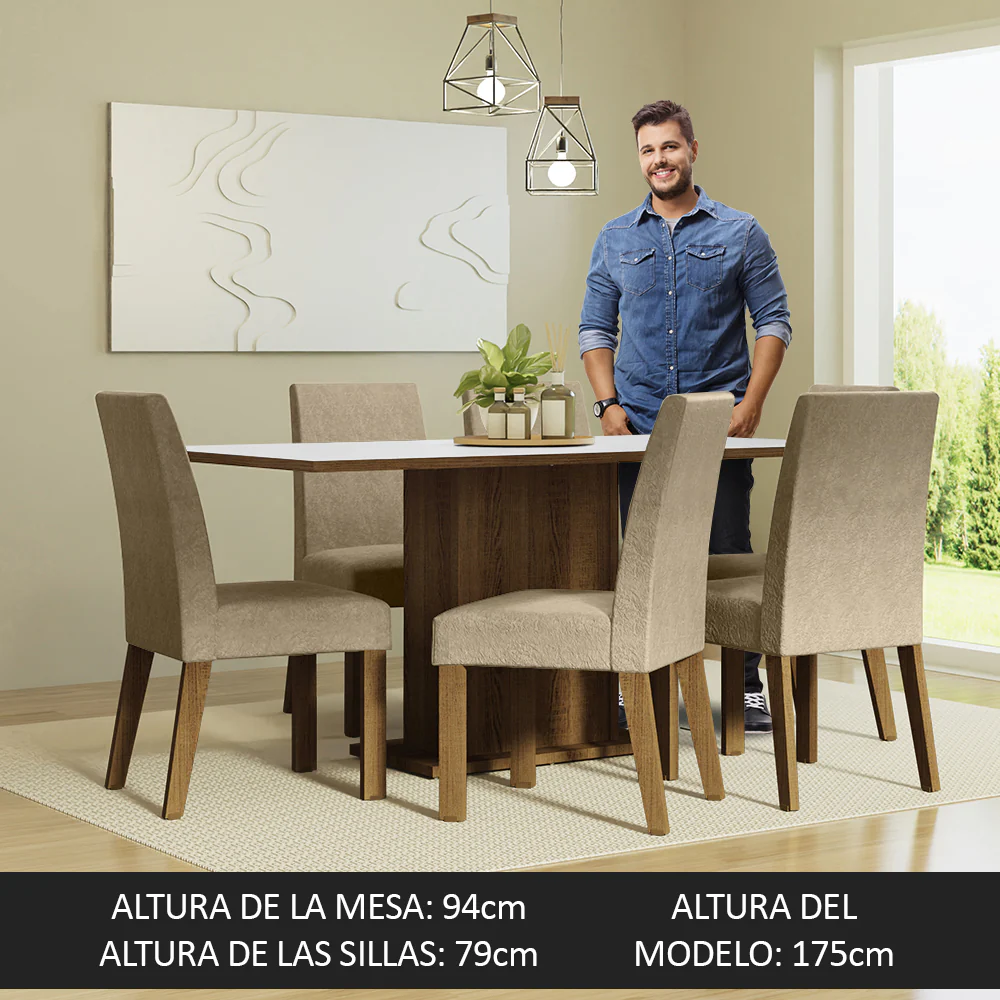 Juego de Comedor Mesa Tapa de Madera 6 Sillas Marrón/Blanco/Imperial Renata Madesa - Image 5