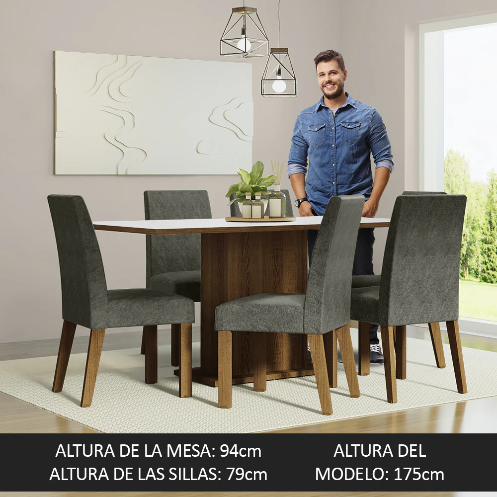 Juego de Comedor Mesa Tapa de Madera 6 Sillas Marrón/Blanco/Silver Renata Madesa - Image 5