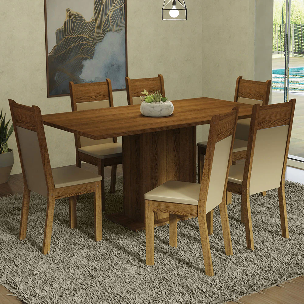 Juego de Comedor Mesa Tapa de Madera 6 Sillas Marrón/Crema/Beige Augusta Madesa