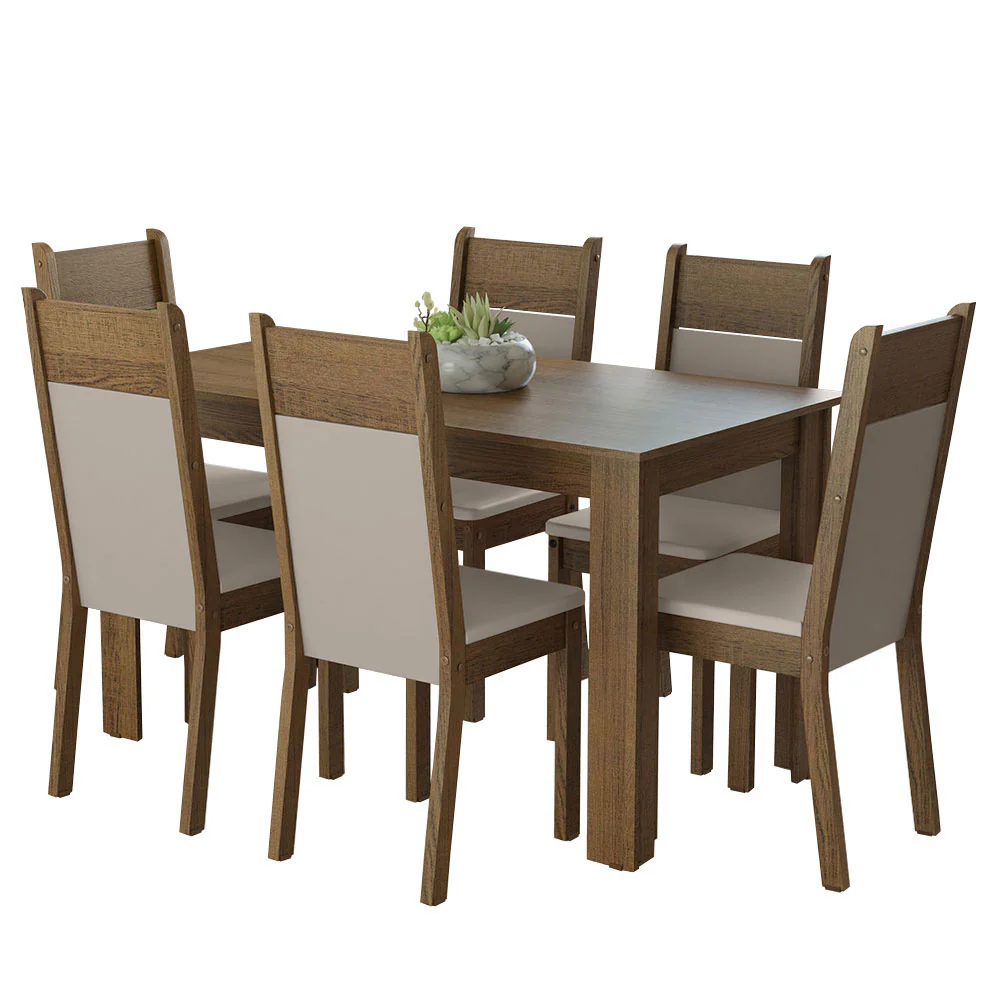 Juego de Comedor Mesa Tapa de Madera 6 Sillas Marrón/Crema/Beige Bahamas Madesa - Image 4