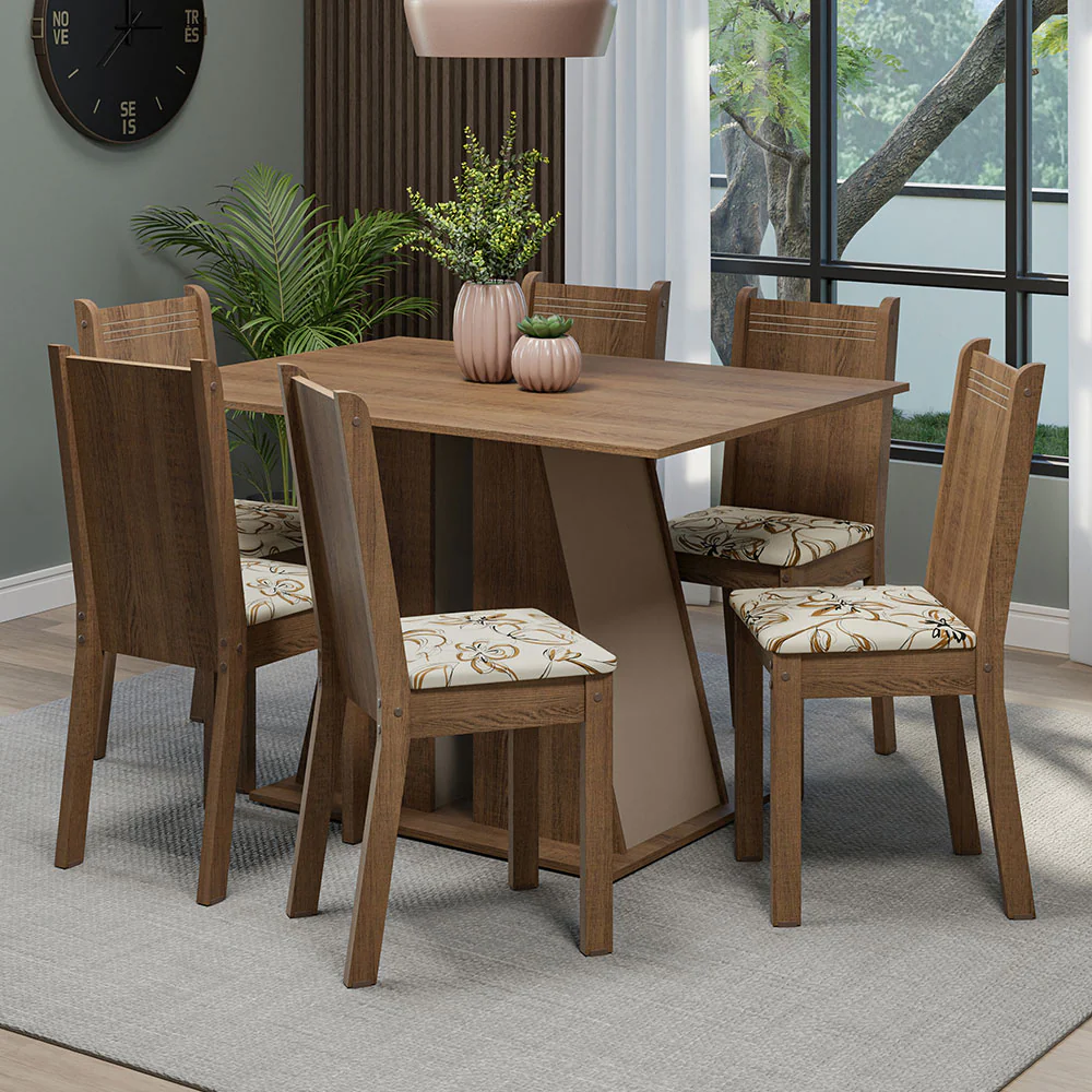Juego de Comedor Mesa Tapa de Madera 6 Sillas Marrón/Crema/Lírio Beige Sharon Madesa
