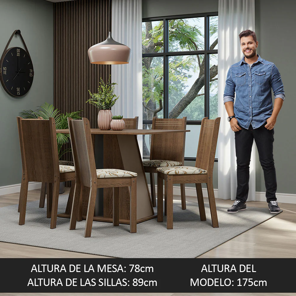 Juego de Comedor Mesa Tapa de Madera 6 Sillas Marrón/Crema/Lírio Beige Sharon Madesa - Image 5