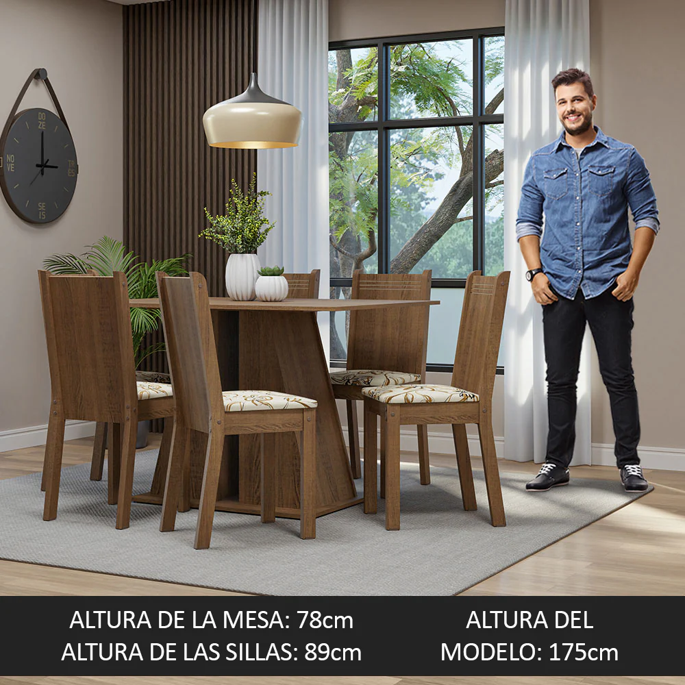 Juego de Comedor Mesa Tapa de Madera 6 Sillas Marrón/Lírio Beige Sharon Madesa - Image 5
