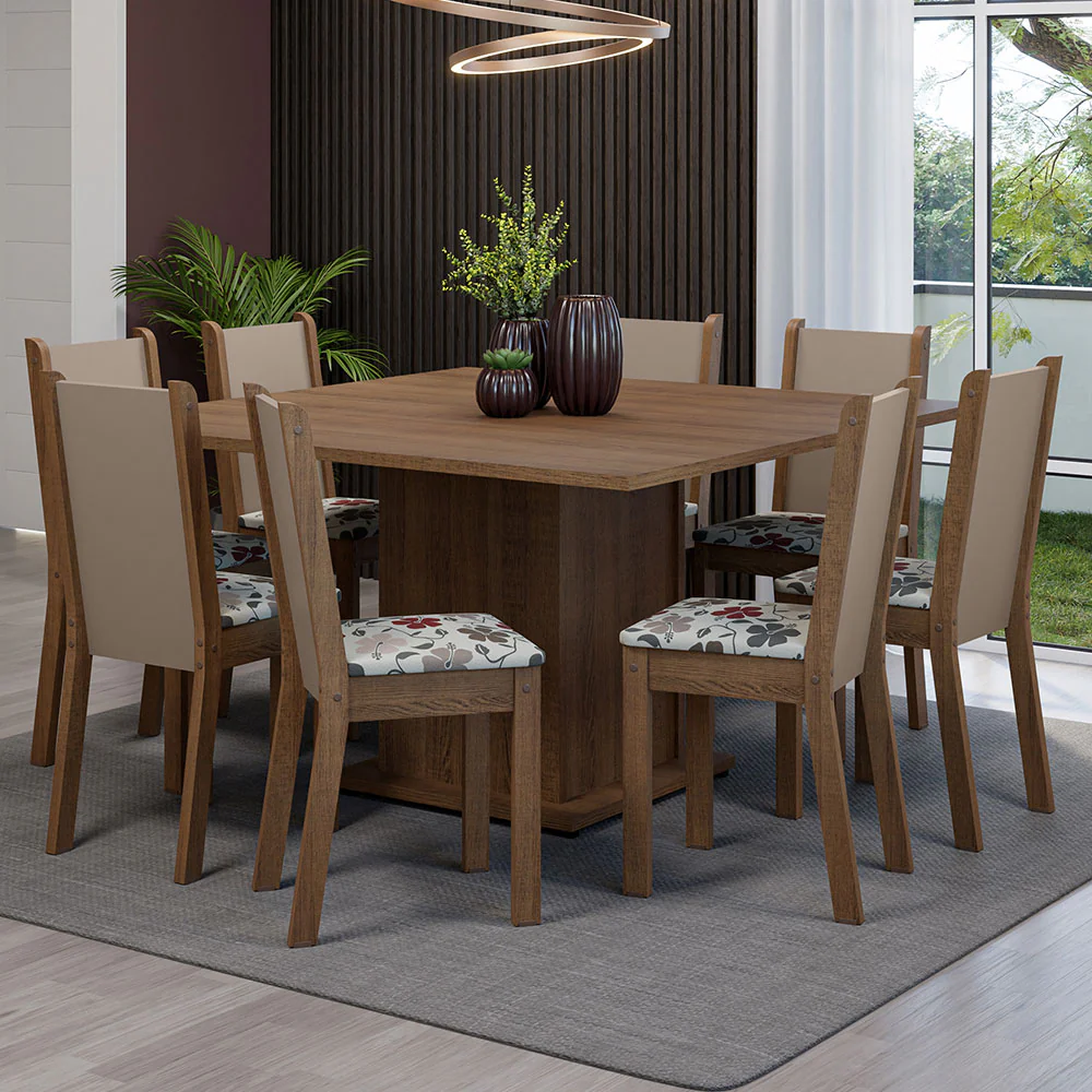 Juego de Comedor Mesa Tapa de Madera 8 Sillas Marrón/Crema/Hibiscos Marisa Madesa