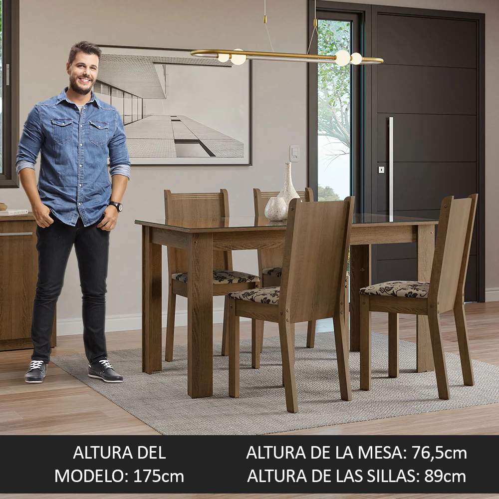 Juego de Comedor Mesa Tapa de Vidrio 4 Sillas Marrón/Beige Marrón Kiara Madesa - Image 5