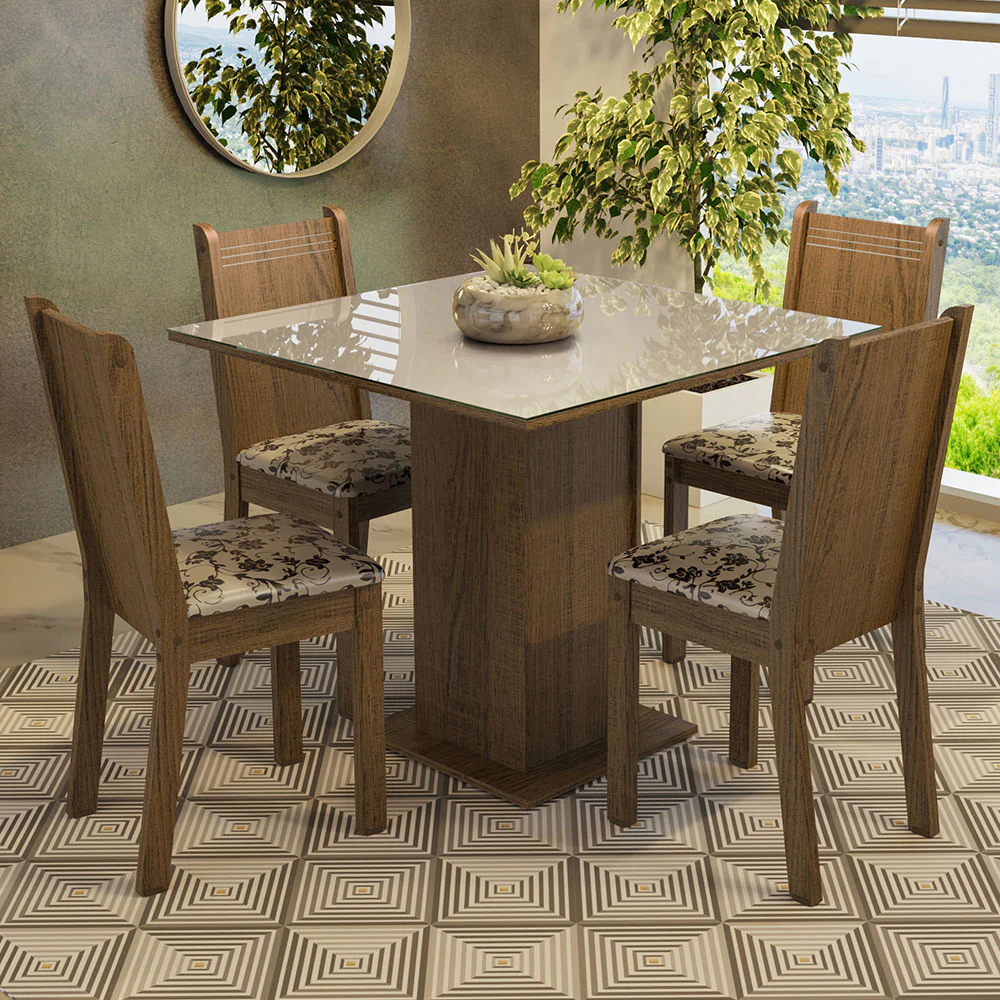Juego de Comedor Mesa Tapa de Vidrio 4 Sillas Marrón/Crema/Beige Marrón Perla Madesa