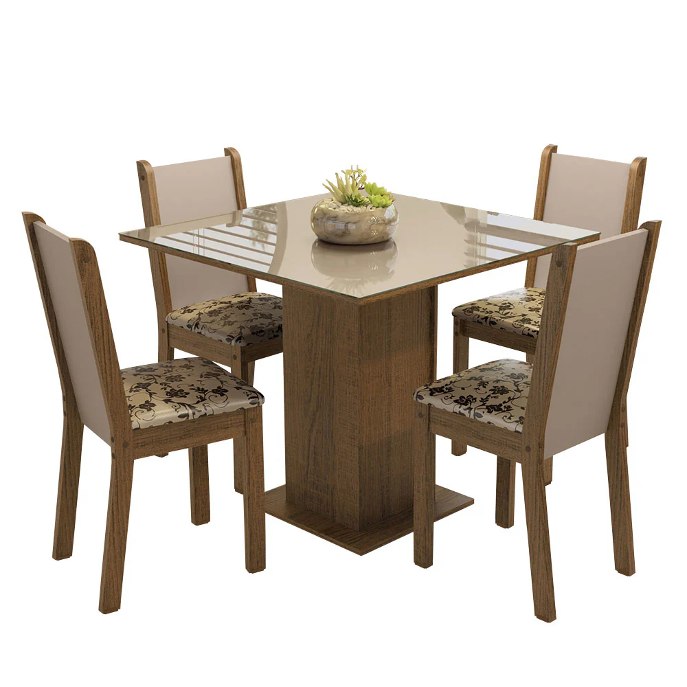 Juego de Comedor Mesa Tapa de Vidrio 4 Sillas Marrón/Crema/Beige Marrón Tifani Madesa - Image 3
