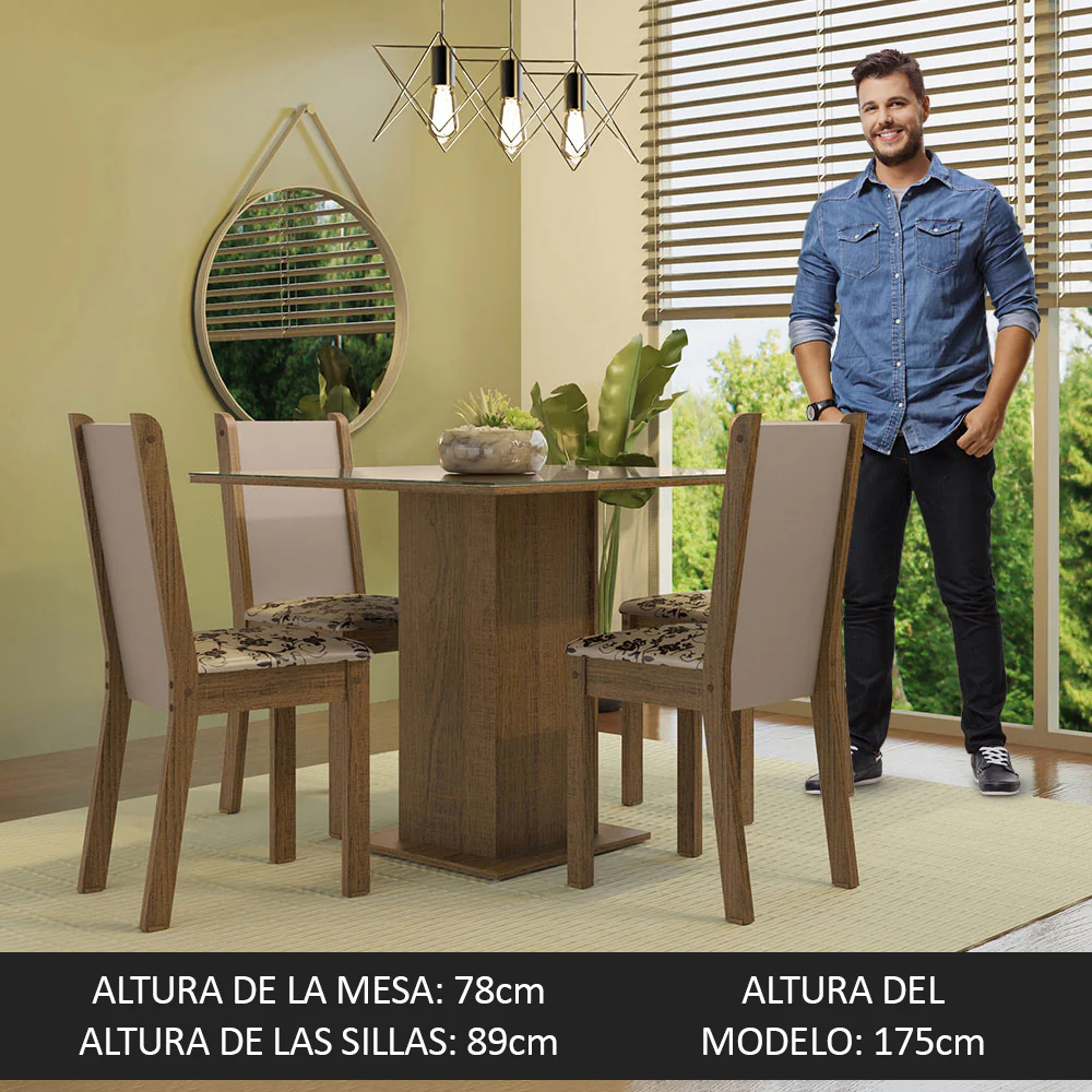 Juego de Comedor Mesa Tapa de Vidrio 4 Sillas Marrón/Crema/Beige Marrón Tifani Madesa - Image 6