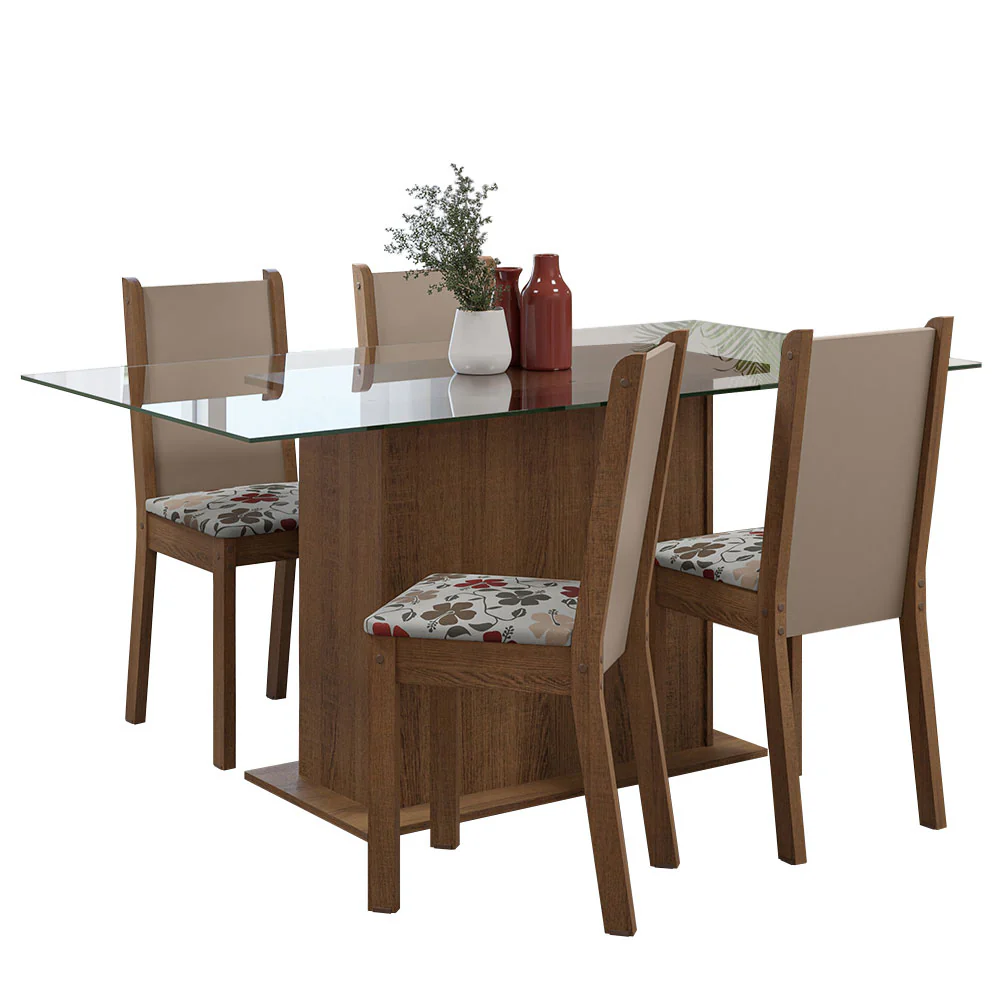 Juego de Comedor Mesa Tapa de Vidrio 4 Sillas Marrón/Crema/Floral Hibiscos Yara Madesa - Image 3