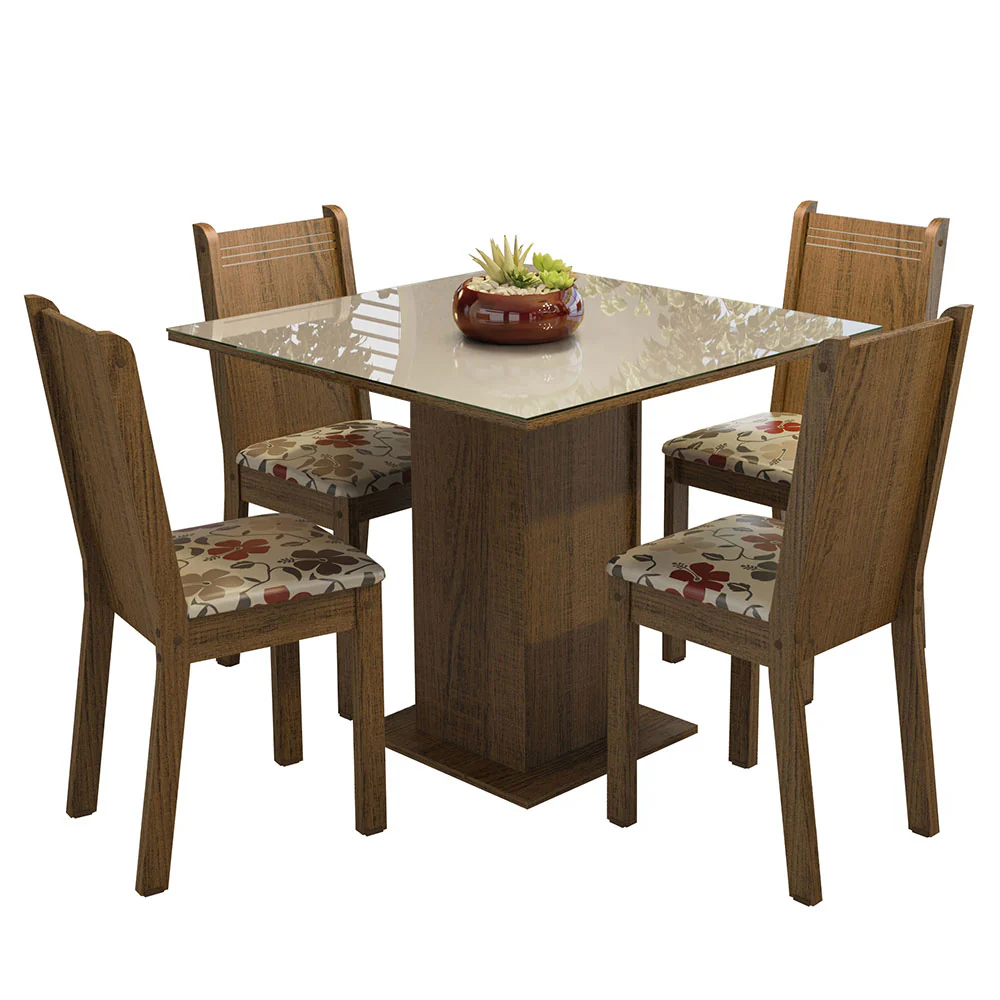 Juego de Comedor Mesa Tapa de Vidrio 4 Sillas Marrón/Crema/Hibiscos Perla Madesa - Image 3