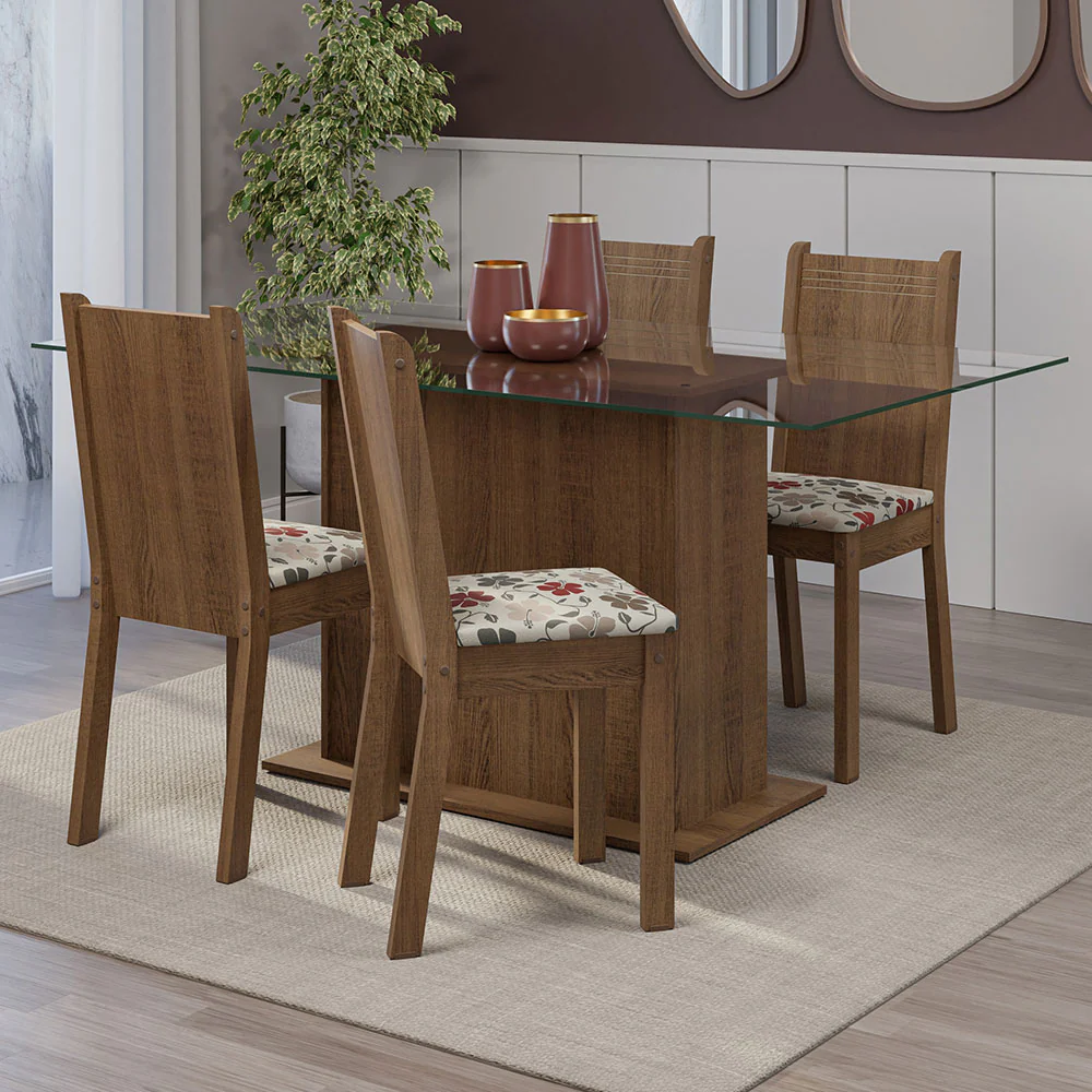 Juego de Comedor Mesa Tapa de Vidrio 4 Sillas Marrón/Floral Hibiscos España Madesa