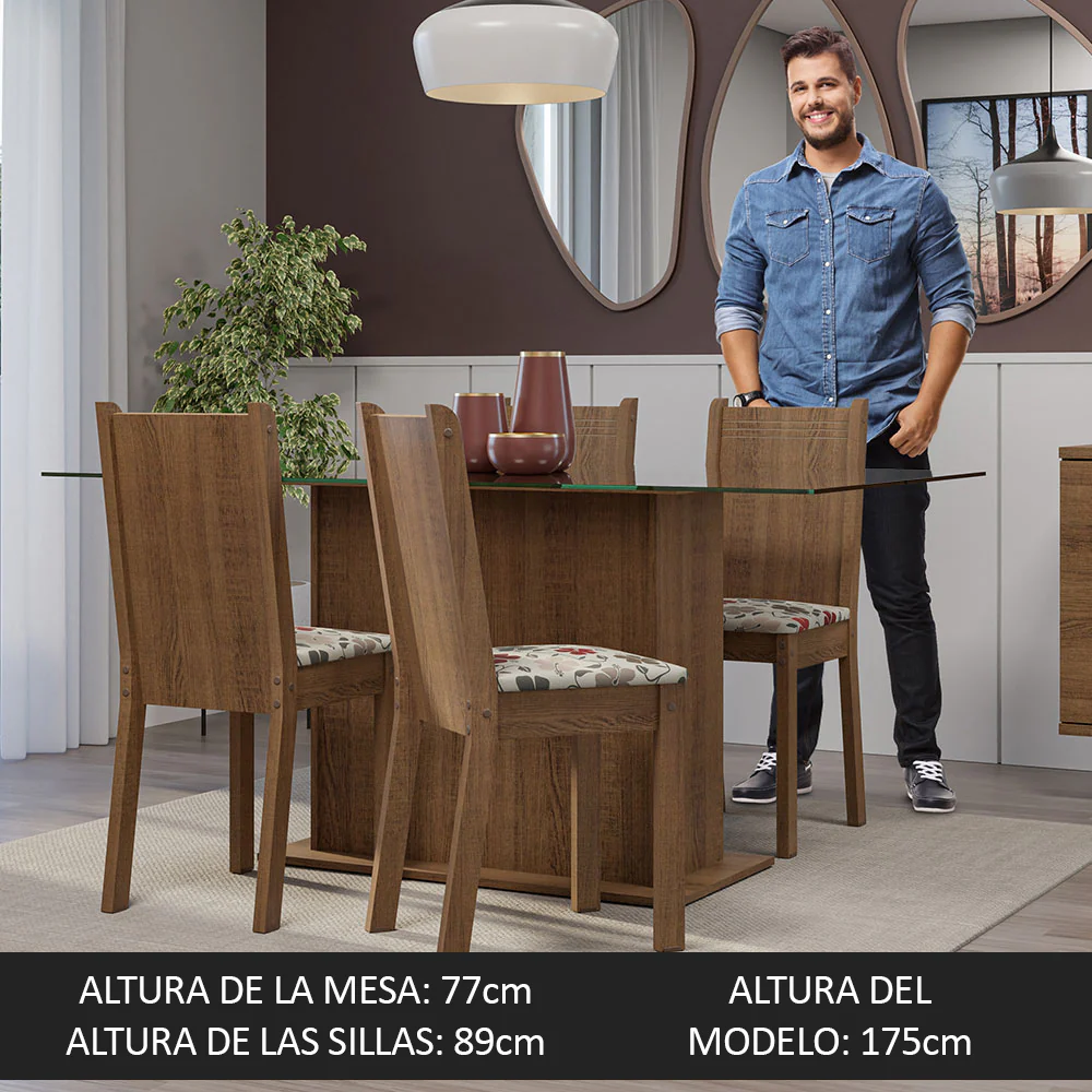 Juego de Comedor Mesa Tapa de Vidrio 4 Sillas Marrón/Floral Hibiscos España Madesa - Image 6