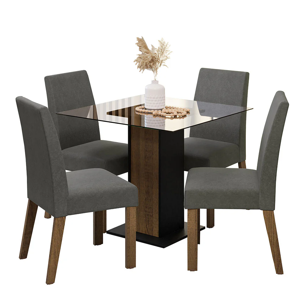 Juego de Comedor Mesa Tapa de Vidrio 4 Sillas Marrón/Negro/Silver Ivy Madesa - Image 3