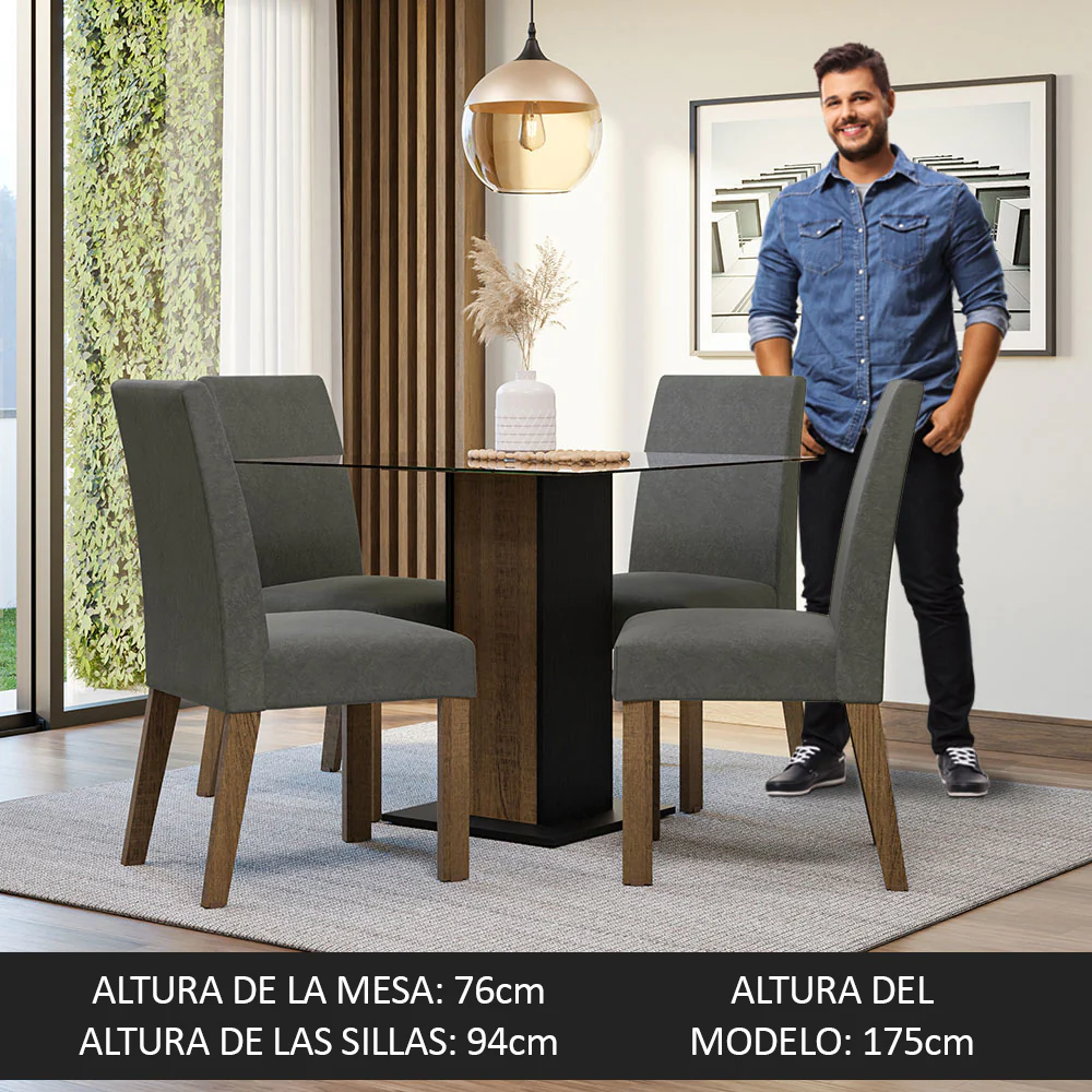 Juego de Comedor Mesa Tapa de Vidrio 4 Sillas Marrón/Negro/Silver Ivy Madesa - Image 5