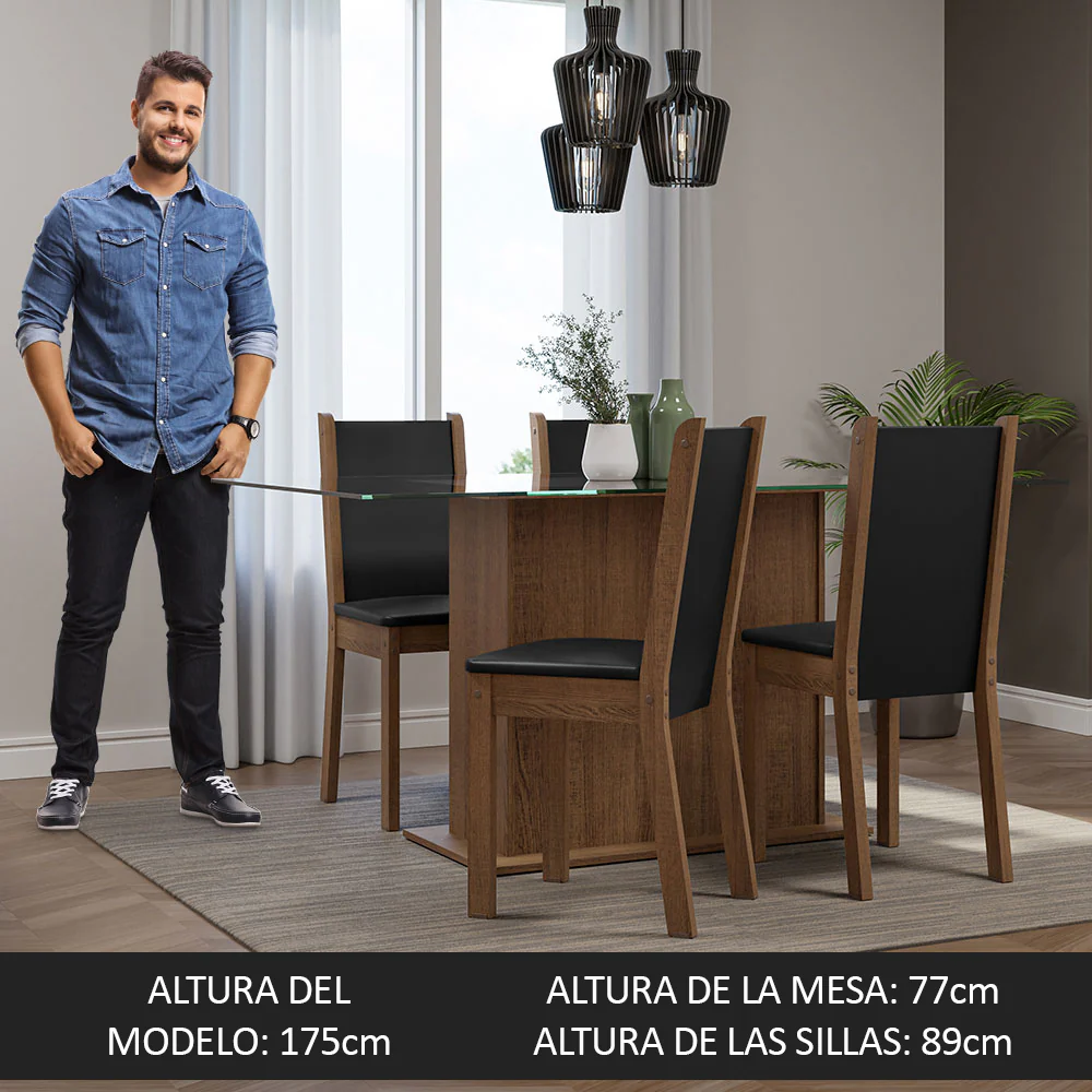 Juego de Comedor Mesa Tapa de Vidrio 4 Sillas Marrón/Negro Yara Madesa - Image 6