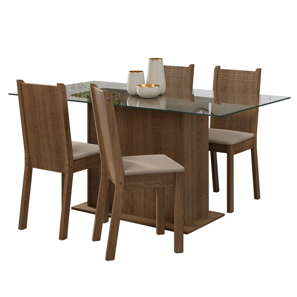 Juego de Comedor Mesa Tapa de Vidrio 4 Sillas Marrón/Sintético Beige España Madesa - Image 3