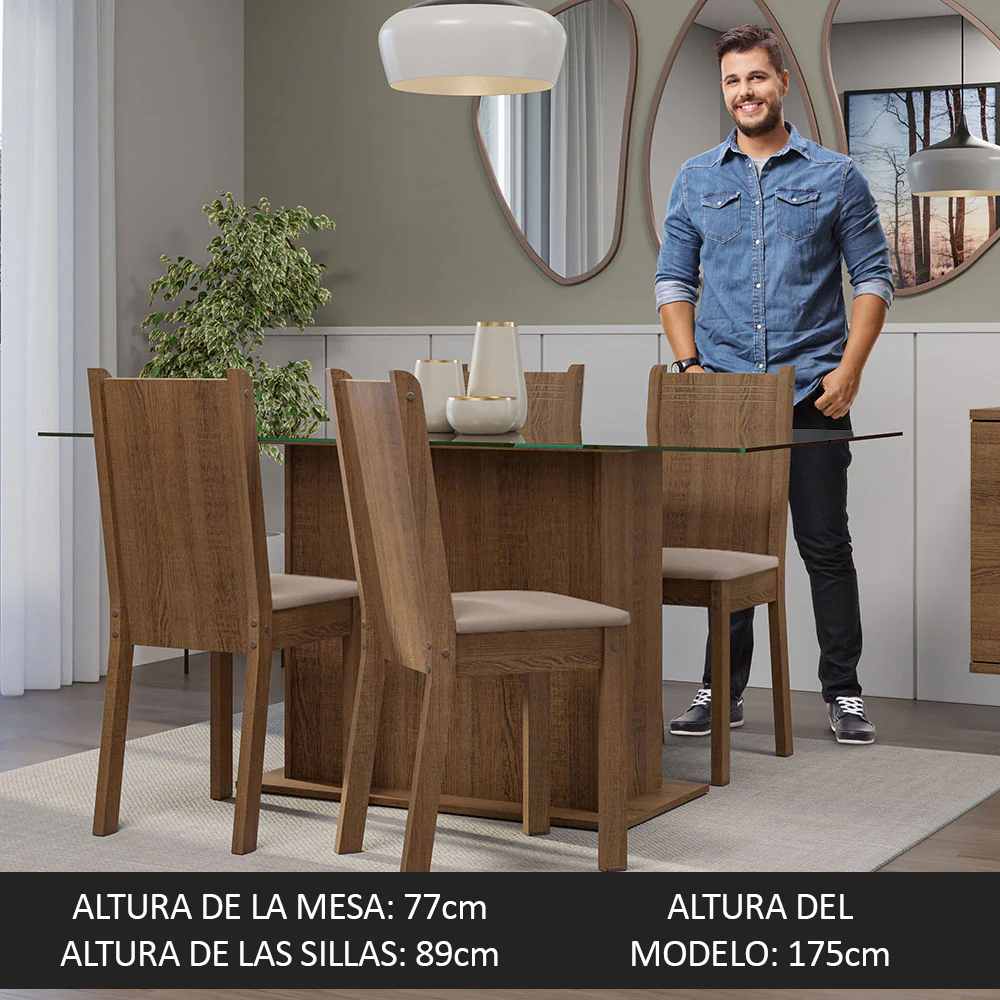 Juego de Comedor Mesa Tapa de Vidrio 4 Sillas Marrón/Sintético Beige España Madesa - Image 6